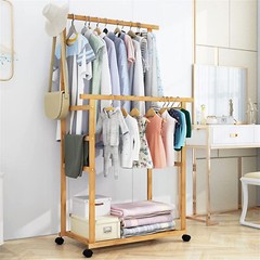 Double Hanging Rod Wooden Clothes Rack Portable Rolling Garment Rack Organizer