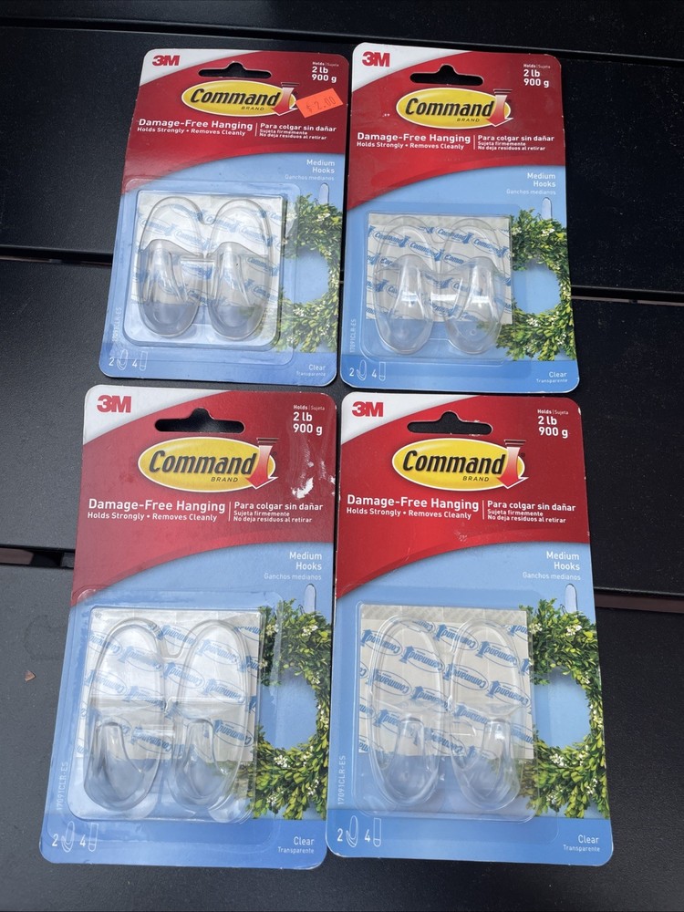 3M Command Clear Medium Hooks Holds 2 lbs 4 Packs 2 Hook & 4 Strips In Each Pack