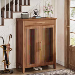 43 In. H X 32 In. W Brown Wood Shoe Storage Cabinet with Adjustable Shelves and