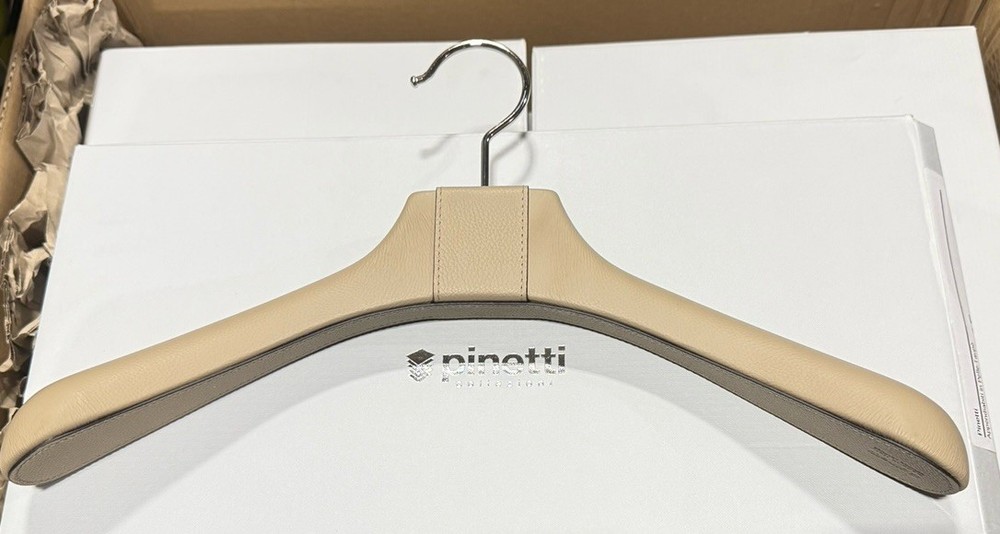 Pinetti Coat Hanger Taupe Pebble Leather Handmade Custom Solid Wood NEW