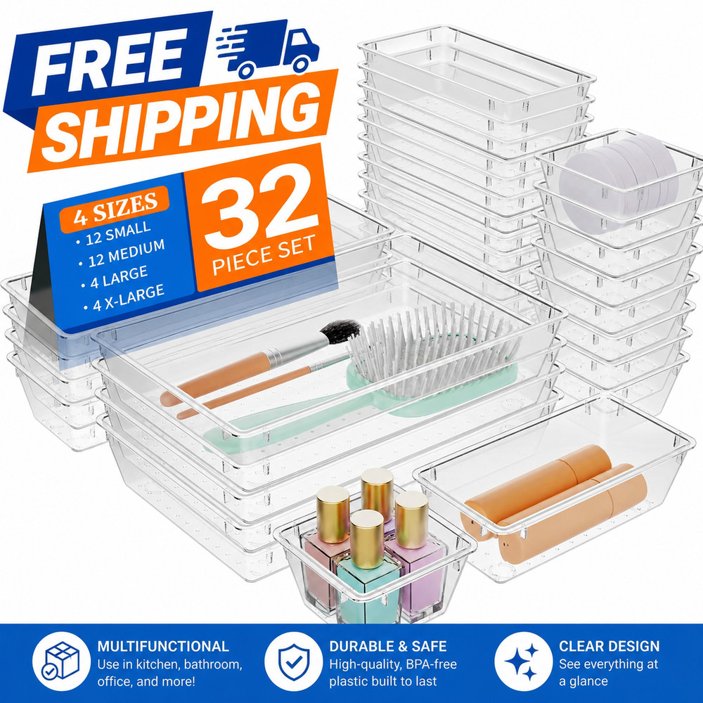 32PCS Clear Drawer Organizer Set Storage Bins Kitchen Bathroom Makeup Jewelry