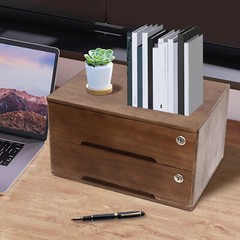 2-tier Wooden Desktop Storage Box W/Lockable Drawers Walnut Flat File Cabinet
