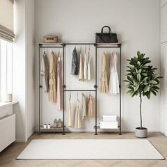 Black Industrial Pipe Wall-Mounted Clothing Rack with Adjustable Shelves