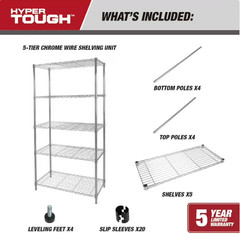 Hyper Tough 5-Tier Wire Shelving Unit, 36 x 16 x 72 in, 1750 lb Capacity, Chrome