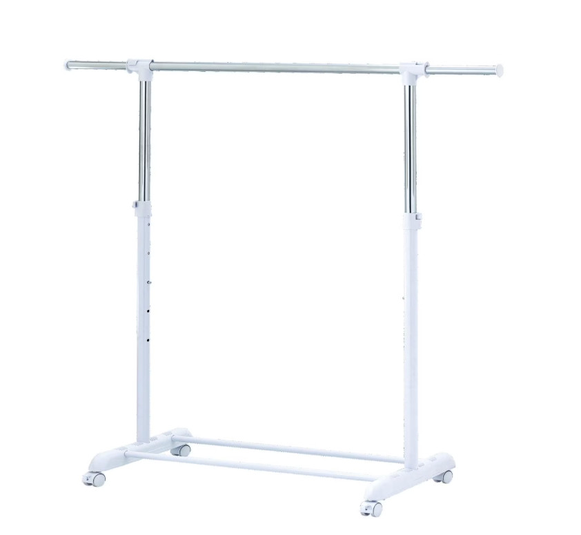 Heavy Clothes Hanger Adjustable Height Rolling Garment Rack Metal Chrome White