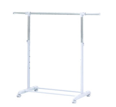 Heavy Clothes Hanger Adjustable Height Rolling Garment Rack Metal Chrome White
