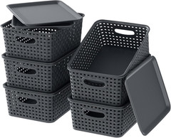 Set of 6 Grey Weave Plastic Storage Baskets with Lids for Organizing