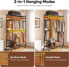 Heavy Duty Rolling Clothes Rack Metal Closet Organizer Wood Shelves 450LB