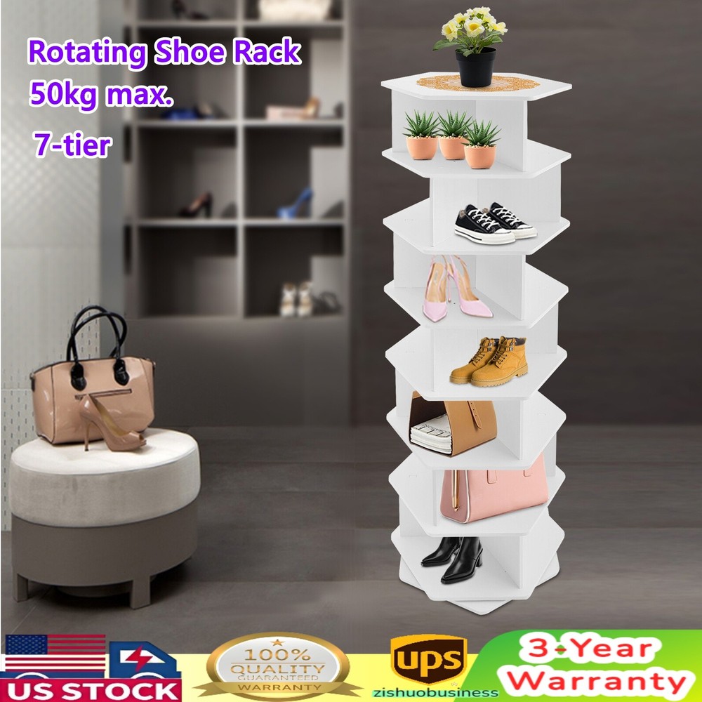7-Tier Rotating Shoe Rack Tower 360° Spinning Shoe Display Carousel White