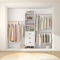48-96 in Closet System with 3 Wooden Drawers ＆ 3 Expandable Hanging Rods ＆Towers