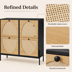Rattan Shoe Storage Cabinet 4 Flip Down Doors Narrow Entryway Hallway Organizer