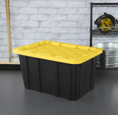 Set of 6 large Sterilite storage bins, 27-gallon capacity, with locking lids.