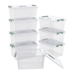 Idotry 8-Packs Stackable Tote Green Latches Box Plastic Storage Containers Bin