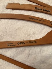 Ten Vintage Wooden Advertising Clothes Hangers, Metal Hooks, Traditional 16in
