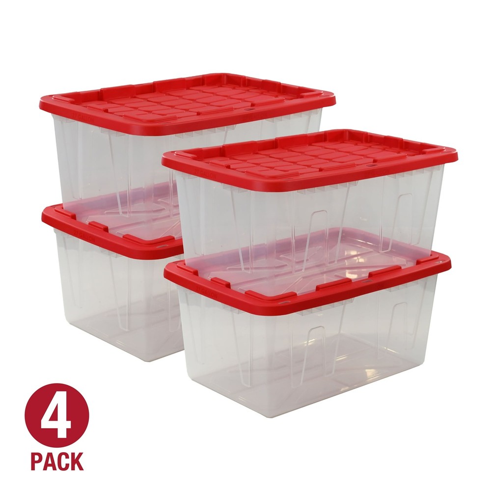 (Pack of 4 Hyper Tough 27 Gallon Clear Storage Bin with Red Snap Lid, Heavy Dut