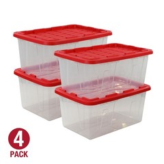 (Pack of 4 Hyper Tough 27 Gallon Clear Storage Bin with Red Snap Lid, Heavy Dut