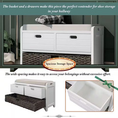 20 In. H X 32 In. W White Soild Wood Shoe Storage Bench with Removable Basket an