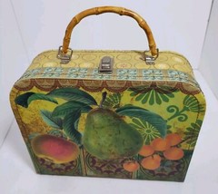 Vintage Storage Box Purse Bamboo Handle Metal Clasp Fruit Pear Apple 10″ Cottage