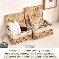 Set of 3 Wicker Storage Baskets with Lids – Natural Rattan Organizers