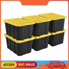 Sterilite 27 Gal Industrial Tote, Rugged Plastic Storage Bin, Black/Yellow, 6Ct