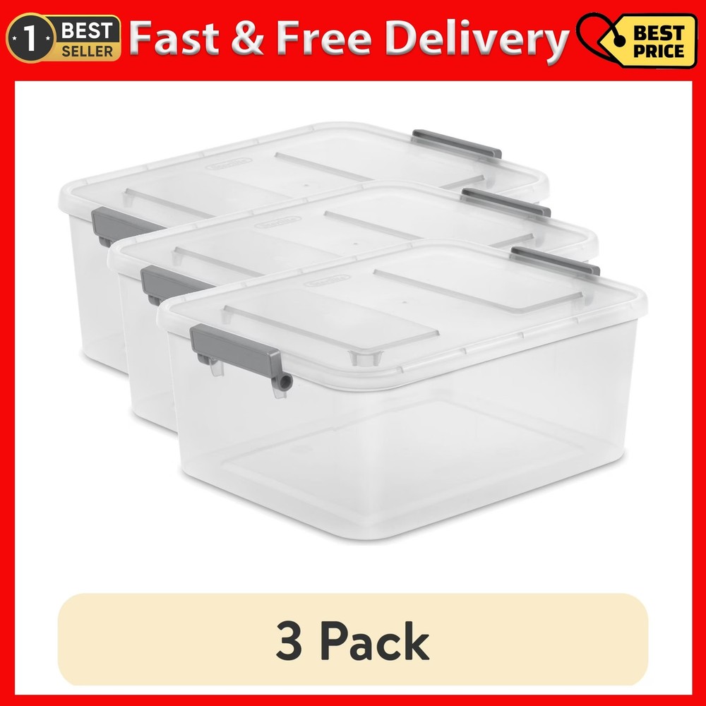 (3 pack) Sterilite 12.7 Qt. Clear Modular ID Latch Box, Gray Latches