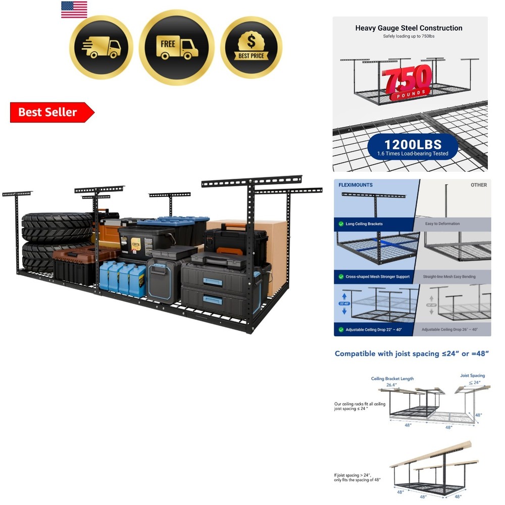 4×8 Overhead Garage Storage Rack, Adjustable Organization System, Heavy-Duty …