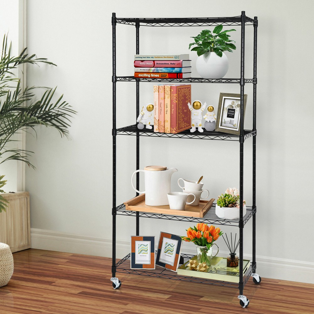 5-Tier Storage Wire Unit Rack with 4 Wheels Casters Large Space Shelves Rolling