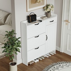 White Shoe Cabinet 4 Doors 1 Drawer Particle Board MDF Storage Cabinet