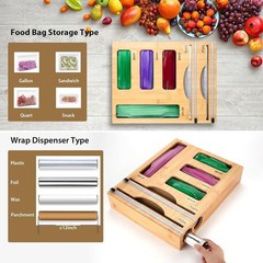 Kitchen Storage Bag Organizer with Foil Wrap Dispenser 6 in 1 Bamboo
