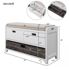 20 In. H X 32 In. W White Soild Wood Shoe Storage Bench with Removable Basket an