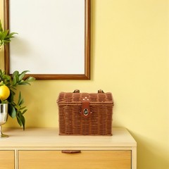 Traditional Style Light Brown Woven Mahjong Storage Box with Handle and Lid