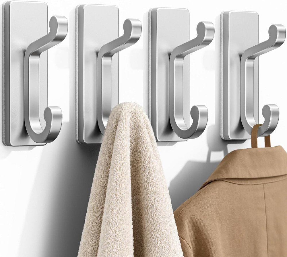 Silver Self Adhesive Hooks – Stick on Hanger, Hold 13Lbs, 4 Pack.