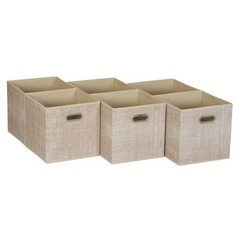 11" Set of 6 Storage Bins Tan Mix: 11in Polyester Canvas, Folds Flat,