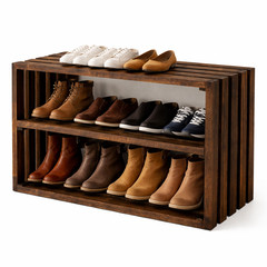 Rustic Wooden Shoe Rack Bench – 2-Tier Entryway Organizer in Dark Walnut – 28″