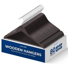 SereneLife 80 Pcs Wooden Hangers – Non-Slip, Sturdy w/ Chrome 360° Swivel Hook