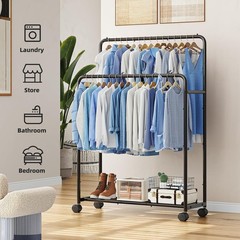 Clothing Clothes Rack Double Rods with Wheels, Rolling Metal Garment Rack for Ha
