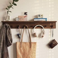 Walnut Color Wall-Mounted Wooden Entrance Coat Rack with Hooks and Shelf Rustic
