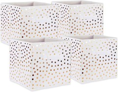 Non Woven Polyester Storage Bin Polka Dot White & Gold Small Set of 4