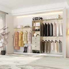 120″ Walk-in Closet Organizer System with 3 Hanging Rods ＆ 3 Shelves ＆ 3 Drawers