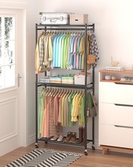Clothes Rack – 33.0″ x 12.2″ x 79.5″ Clothing Rack with Shelves & Wheels, Mul…