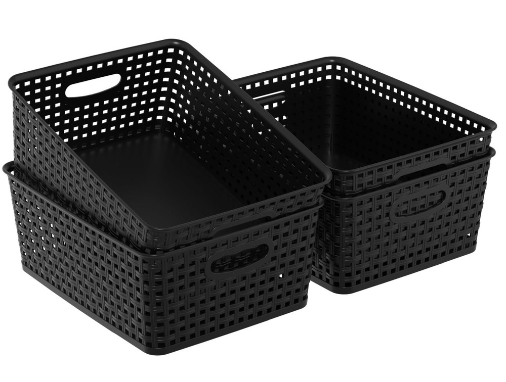4 Packs Woven Plastic Storage Baskets, Plastic Basets Medium, Black