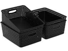 4 Packs Woven Plastic Storage Baskets, Plastic Basets Medium, Black