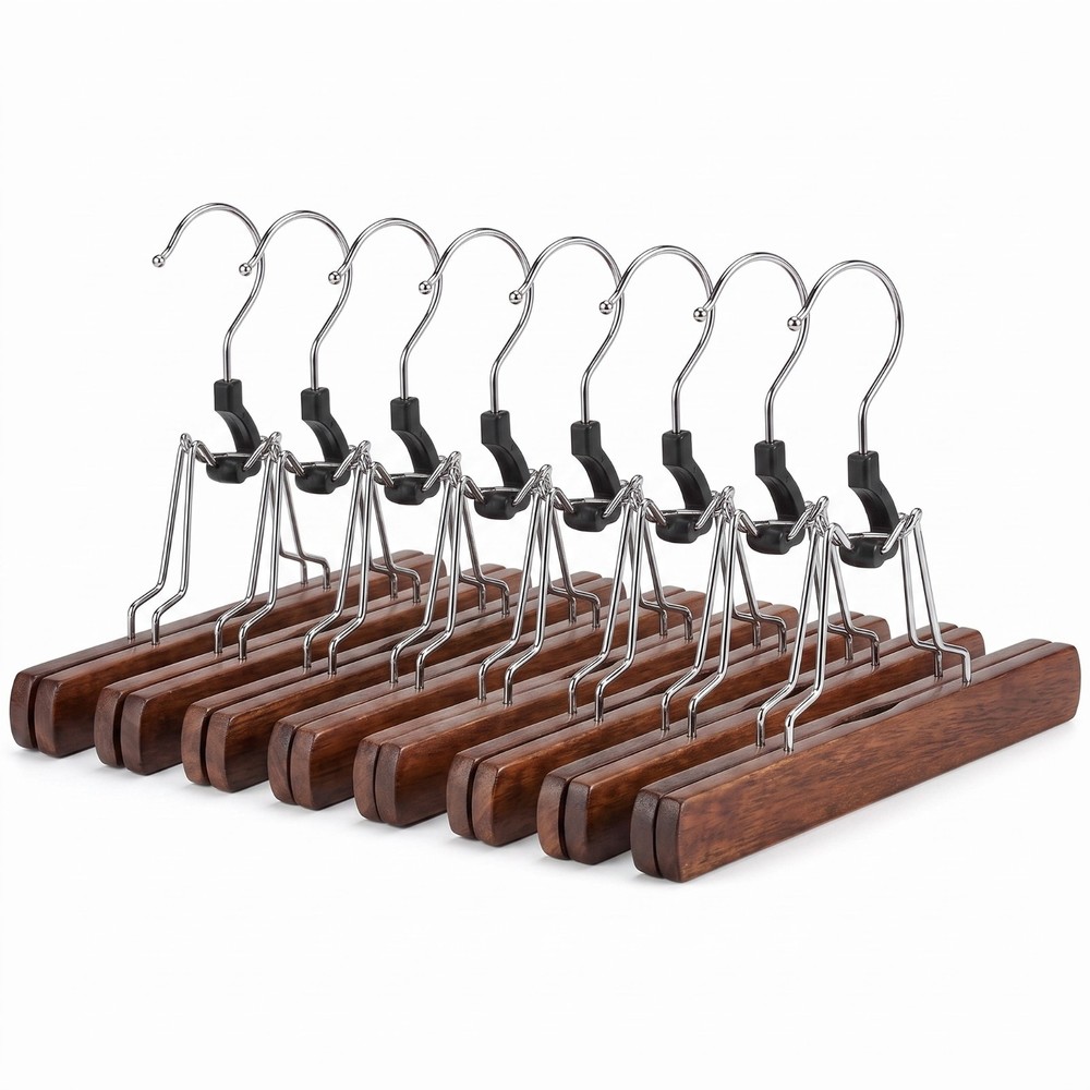 12-Pack Wooden Pants Hangers Non-Slip Skirt Trouser Clamp Walnut Finish 360 Hook