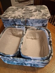Blue White Floral Fabric Storage Basket Set of 2 w/ Lid, Handles, 2 Compartments
