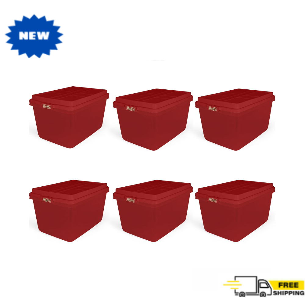 Hefty 18 Gallon Plastic Storage Tote, HI-RISE Lid, Holiday Christmas Box, 6 Pack