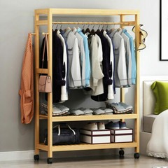 Strong Bamboo Clothes Rail Scarf Cart Hanging Garment Coat Rack Stand On Wheels