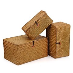 Set of 3 Natural Seagrass Storage Baskets with Lid – Large Handwoven Wicker Stor