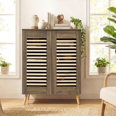 Shoe Cabinet w/2 Louvered Doors&3 Removable Shelves,5-Tier Narrow Cabinet Walnut