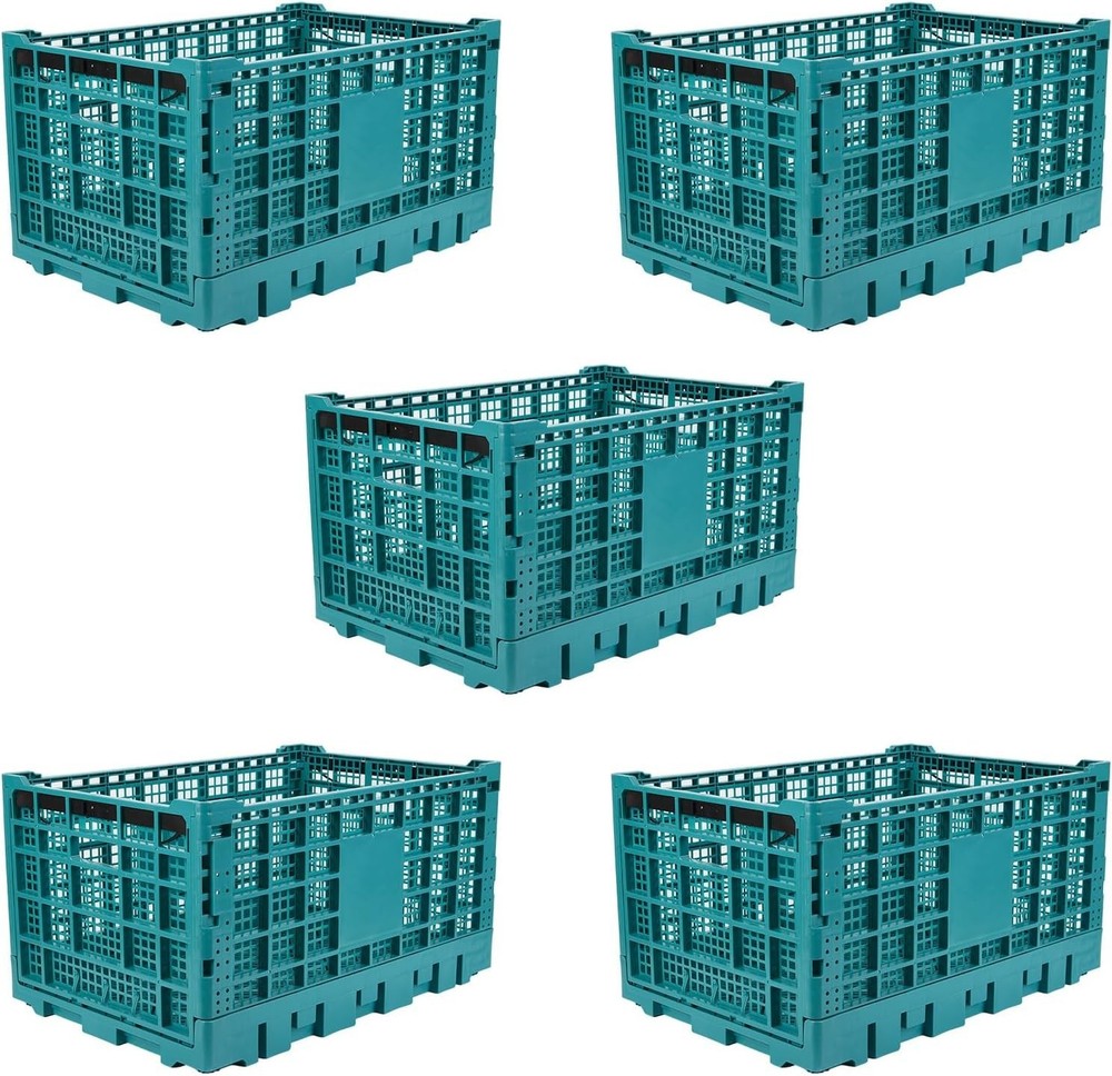Collapsible Heavy Duty Storage Crate 52L Stackable Plastic Organizer Bin 5PCS