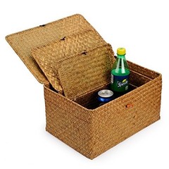 Set of 3 Natural Seagrass Storage Baskets with Lid – Large Handwoven Wicker Stor